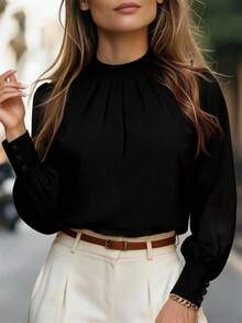 EMERY ROSE Casual Solid Color Long Sleeve Shirt, Versatile For Autumn - Black - View 1