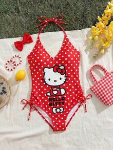 Swim Mod HELLO KITTY AND FRIENDS | SHEIN 2026 New Summer Beach Vacation Cute 1920s Sweet Red Polka Dot Pattern Halter Neck Design Plus Size One-Piece Swimsuit - Multicolor - View 6