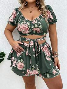 Vionelle Conjunto casual diário de 2 peças para mulher plus size com top plissado e saia-calça com estampado floral - Verde escuro - Ver 7
