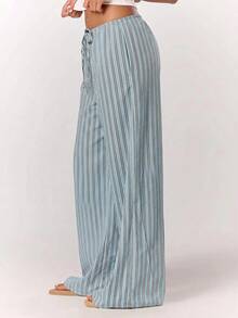 MUSERA 條紋抽繩寬腿長褲 可愛夏季度假休閒優雅海灘亞麻風長褲 女款集體辦公穿搭 辦公女裝 春冬長褲 復活節 - 藍色 - 查看 4