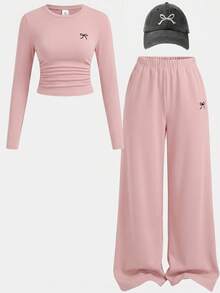 SHEIN Tween Girls Versatile Bow Pattern Long Sleeve Long Pants Light Gray 2 Pieces Set - Pink - View 8
