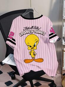 LOONEY TUNES X SHEIN 大码夏季休闲条纹字母和卡通图案短袖T恤 - 白色 - 查看 2