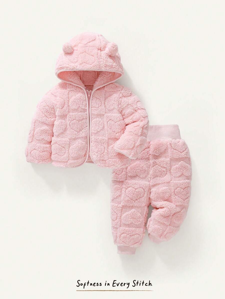 Cozy Pixies 女嬰時尚可愛保暖秋冬新款套裝,連帽粉色愛心圖案保暖內裡夾克與護肚長褲,中厚 2 件套 - 粉色 - 查看 1