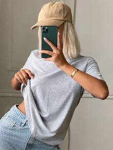 DAZY Women's Casual Solid Color Round Neck Short Sleeve T-Shirt, Summer - Grey - View 4