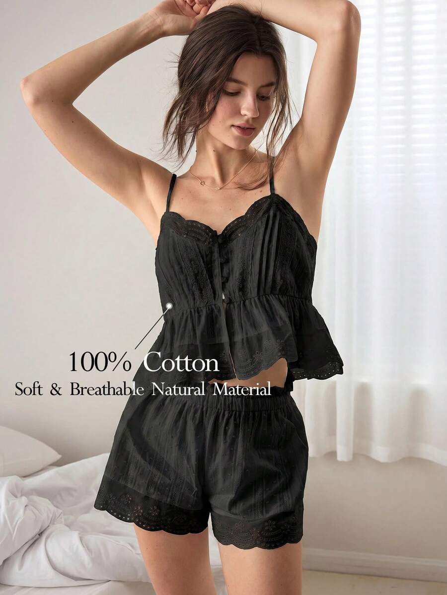 Ocili Women's Summer Simple Solid Color Patchwork Hollow Out Embroidery Camisole And Shorts Pajama Set - Black - View 1