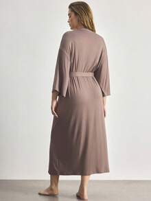 Ocili Comfortable Soft Minimalist Long Sleeve Plus Size Robe - Brown - View 3
