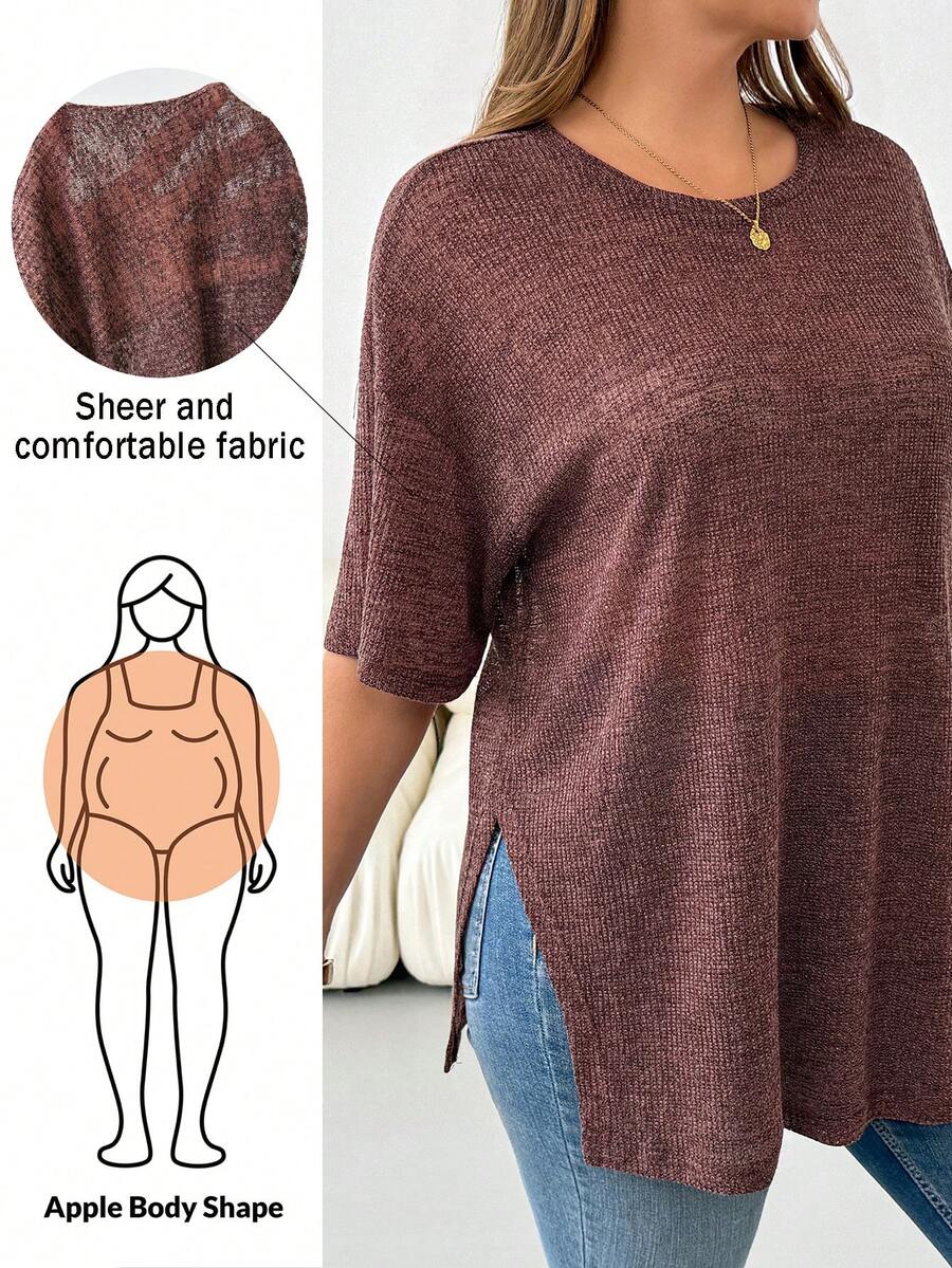 Shapeblank 大码女装春夏时尚休闲宽松舒适透视棕紫色短袖开衩T恤，外出上衣，超大款上衣，简约风格，欧洲夏季