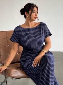 Firerie Plus Size Women's Striped Top And Long Pants Casual Everyday Set Fall/Winter - Navy Blue - View 6