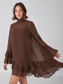Enchnt Women's Solid Color Stand Collar Flare Sleeve Layered Ruffle Hem Fashion Dress - Coffee Brown - View 7