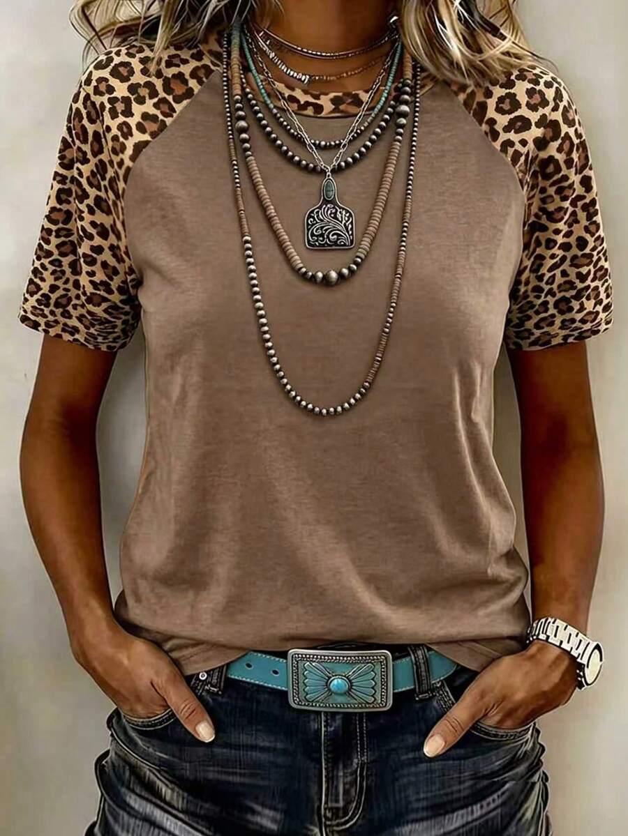 EMERY ROSE Women's Leopard Print Colorblock Casual Versatile Daily Short Sleeve T-Shirt - Multicolor - View 1