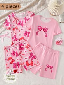 Girls' Pink Bow Print Pattern + Bow Placement Flower Top + Bow Placement Flower Pants Short Sleeve Shorts 4-Piece Set Fitted Pajamas Homewear - Multicolor - View 7