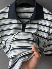Manfinity CasualCool 男士夏季休閒條紋短袖 Polo 衫，海軍藍與白色老錢風，日常休閒，禮物派對度假假期，儀式 - 彩色 - 查看 5