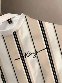 Manfinity Joysei Kaos Lengan Pendek Pria Motif Garis-Garis Blok Warna dengan Cetakan Huruf, Kasual, Serbaguna untuk Pemakaian Sehari-hari - Khaki - View 3