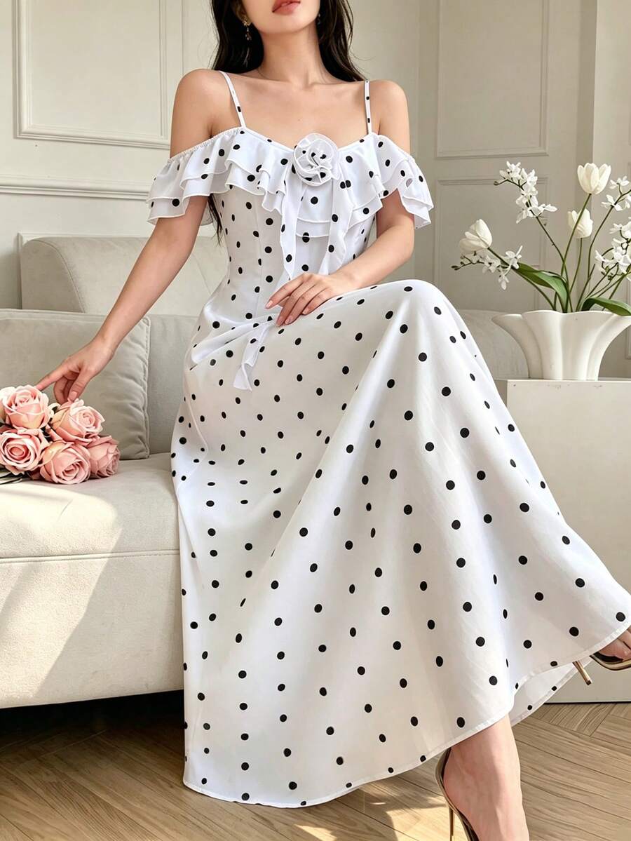 Celisse Polka Dot Ruffle Collar 3D Flower French Elegant Romantic Women's Long Dress Vacation White And Black Summer - White - View 1