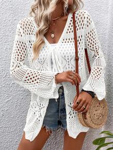 SHEIN Swim 素色鏤空針織和服式罩衫 - 白色 - 查看 4
