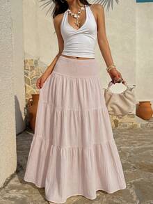 Sunnyshic Women's Spring/Summer Casual Vacation Fashion Streetwear Daily Island Low Waist Shirred Skirt - Dusty Pink - View 4