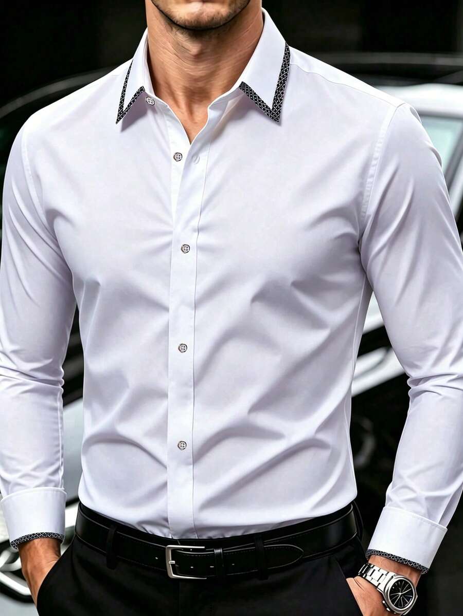 Calvornis 男士休閒對比色飾邊長袖襯衫,春秋款,修身正裝襯衫,商務優雅秋季正裝 - 白色 - 查看 1