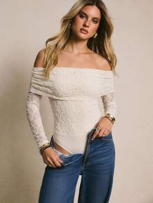 Poéselle Body de manga larga con hombros descubiertos, con volantes y estampado floral en malla con efecto flockado para mujer - Blanco - Ver 4