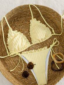 Swim Vcay 女款紋理壓褶面料設計繫帶比基尼兩件套 26ss 新款海灘派對度假風泳衣 - 黃色 - 查看 3