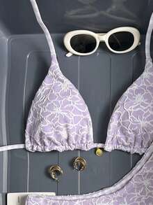 Swim Mod Women's Sweet Pink Floral Pattern Dual-Color Special Double-Fabric Fashion Bikini Set - Mauve Purple - View 4