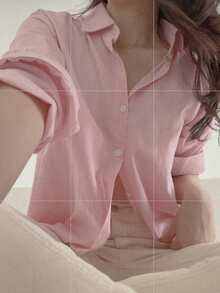DAZY 少女休闲基本款长袖衬衫 - 粉色 - 查看 8