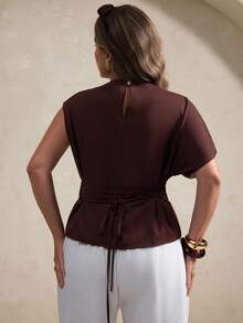 Elegantrix Áo tay ngắn cổ cao ôm eo, thích hợp mặc hàng ngày. - màu nâu - Xem 2