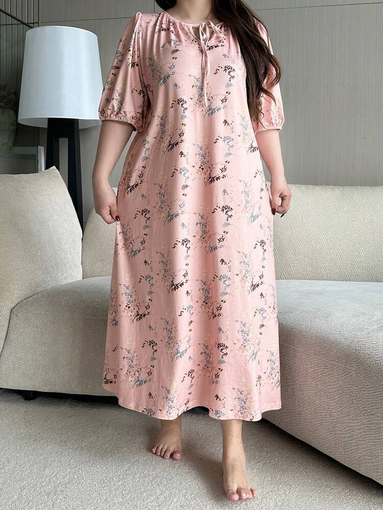 Dazy Plus Plus Size Women's Long Nightgown With All-Over Floral Print, Gathered Tie Neck, Lantern Sleeves - Pink - View 3