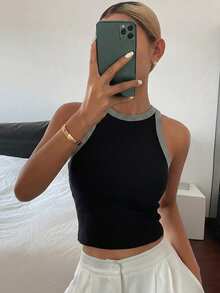DAZY Camiseta sin mangas deportiva básica con bloques de color y patchwork para mujer, verano - Negro - Ver 5