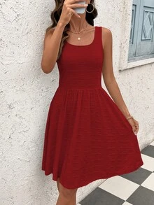 SHEIN Clasi 女款素色百褶休閒派對洋裝 - 酒紅色 - 查看 6