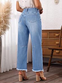 SHEIN PETITE Women's Pocket Distressed Straight Leg Loose Casual Denim Jeans ,Petite Women - Light Wash - View 2