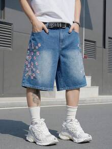 Manfinity EMRG 男士街頭風休閒刺繡藍色牛仔短褲 - 中等水洗藍 - 查看 5