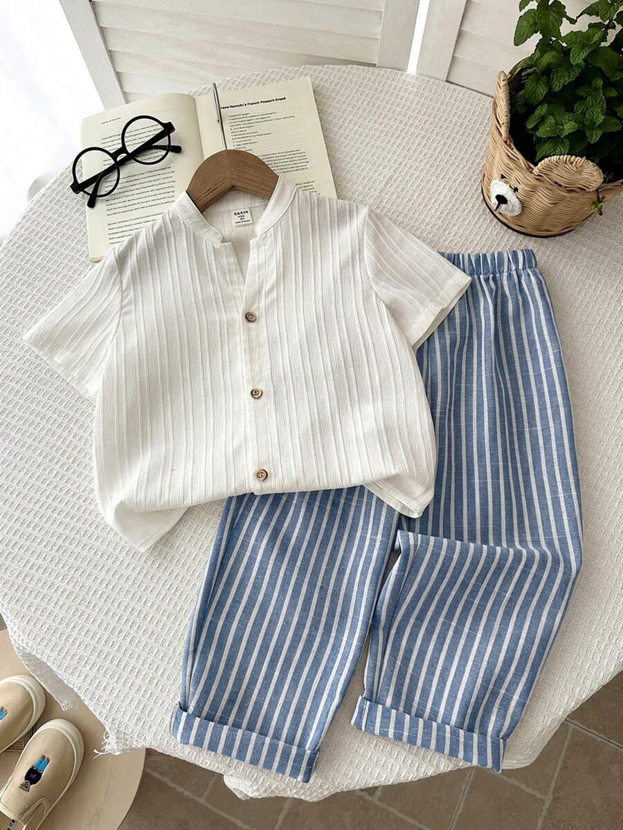 SHEIN Kids Tween Boy Woven Solid Color Casual Shirt And Striped Long Pants 2-Piece Set, Suitable For Outings, Play, Vacation, Street Style, Party, City Walk - Multicolor - View 1