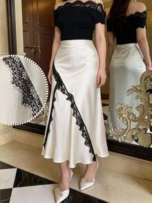 Modelyn Elegant Colorblock Lace Trim Skirt - Beige - View 3