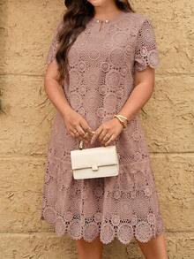 Reflora Plus Size Women's Lace Short Sleeve Ruffle Hem Elegant Dress - Dusty Pink - View 3