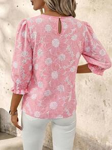 SHEIN Clasi 圓領抓皺浪漫雛菊刺繡上衣 - 粉色 - 查看 2