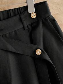 HIMLAND Men's Black Wide Leg Pants With Gold Button And Wrap Strap Waist. Loose Straight Fit, VACATION, . Fashion Style For Summer - Black - View 4