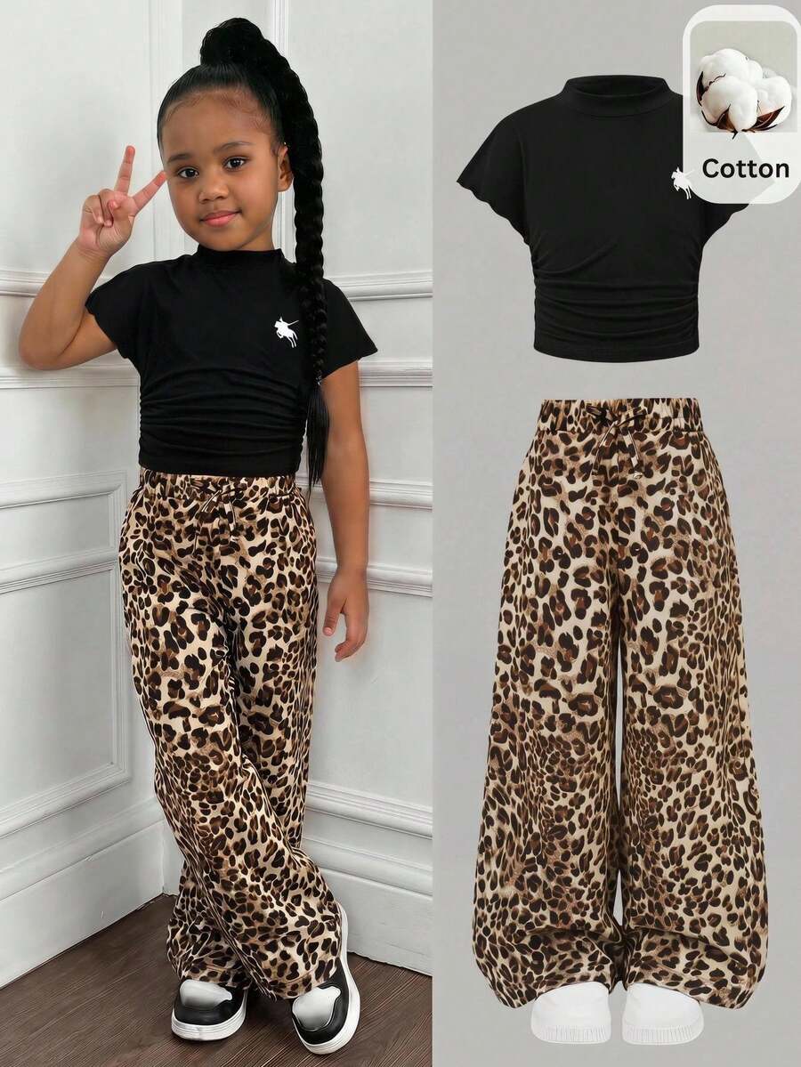 SHEIN Young Girl Knit Solid Color Ruched Small Stand Collar Casual T-Shirt And Leopard Print Long Pants 2pcs Set - Multicolor - View 1