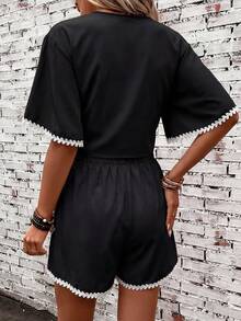 SHEIN Clasi Plus Size Women's Knot Design Ruffle Sleeve Shirt And Shorts 2 Pieces Set - Black - View 2