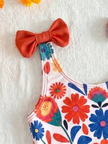 SHEIN Conjunto de Bikini con Decoración de Lazo y Estampado Floral para Niñas Jóvenes - Multicolor - Ver 4