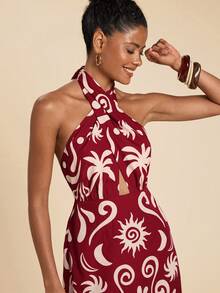 Travachic Vacation Casual Tropical All-Over Print Backless Halter Neck Dress,Summer,Beach Vacation,Elegant,Vacation Burgundy - Red - View 3