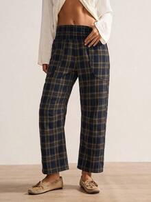 Bohemela Autumn Vacation Outfits, Women's Casual Vintage Woven Plaid Print Women's Long Pants, Daily Picnic Wear, Country Concert Outfit Navy - Multicolor - View 6
