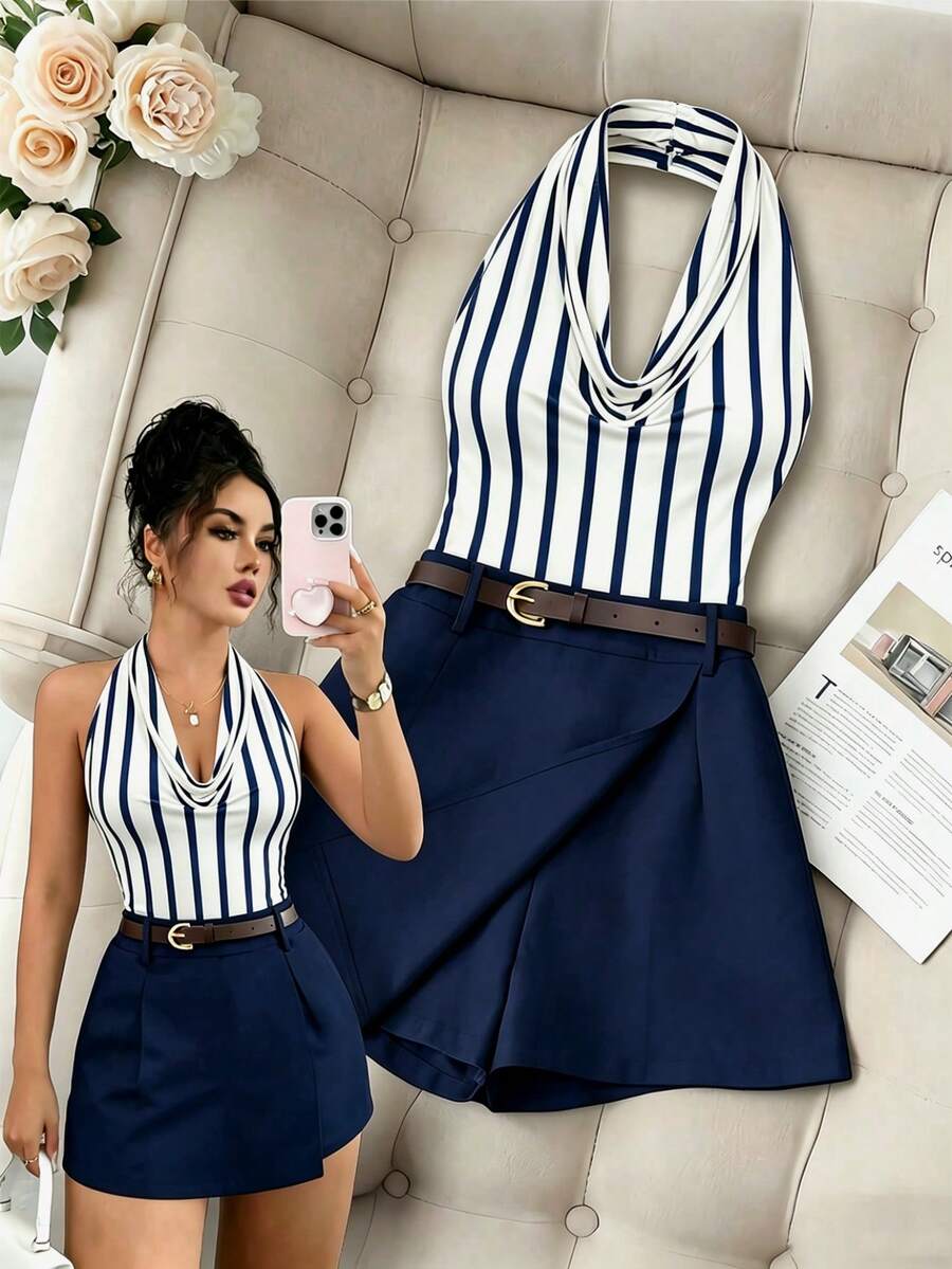 Franclia Casual Fashion Commute Versatile Solid Color Pleated Halterneck Halter Neck Top With Black Skort (Includes Belt) 2pcs Set - Navy Blue - View 1