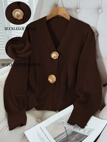 SHEIN PariChic V领针织开衫，贝壳纽扣，优雅日常，秋冬 - 棕色 - 查看 4