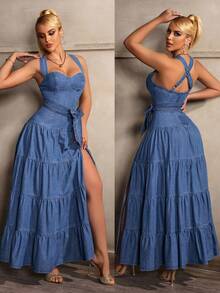 SHEIN PETITE Women's Petite Denim High Slit Flare Dress - Blue - View 2