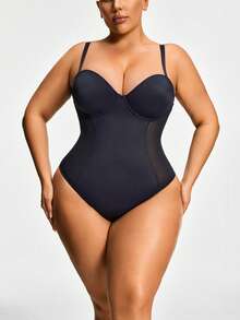 SHEIN Bộ đồ liền thân lưới vá cỡ lớn - màu đen - Xem 6