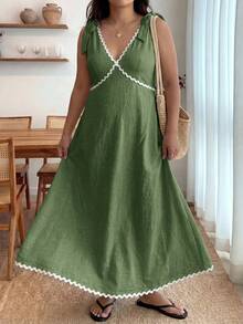 Enliva Plus-Size Women's Sleeveless Color Block Midi Dress Chic Summer Vacation Casual Tropical, For Apple And Rounded Beach Wedding Olive Green - Army Green - View 4
