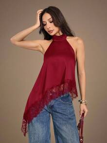 SHEIN PETITE 女款蕾絲飾邊掛脖休閒百搭日常外出上衣 - 紅色 - 查看 4