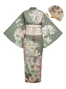 Irokai 日式優雅復古花卉印花浴衣 - 綠色 - 查看 4