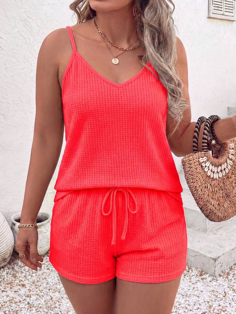 EMERY ROSE Women's Spring/Summer New Hot-Selling Small Check Textured Knit Fabric Casual Versatile Plus Size 2 Pieces Set - Red - View 1