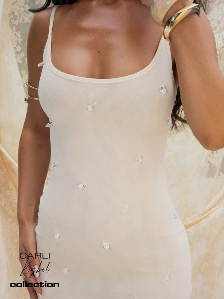 MISSGUIDED X Carli Bybel Slinky Pearl Embellished Maxi Dress With Scoop Neck And Thigh High Split